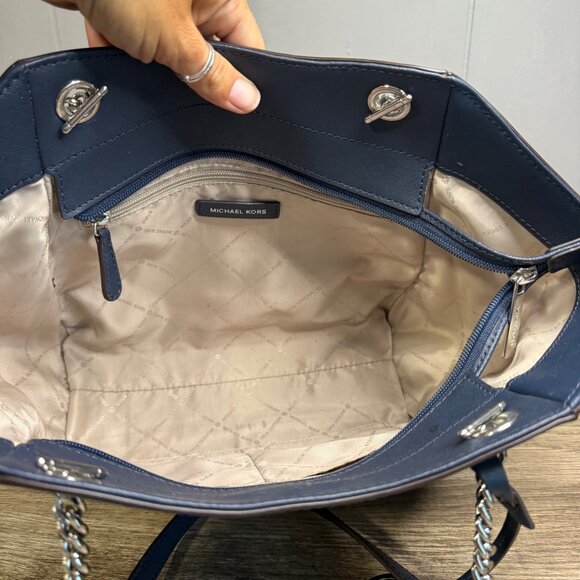 MICHAEL KORS Jet Set Chain Tote Shoulder Bag In Navy Blue Leather - Picture 10 of 10